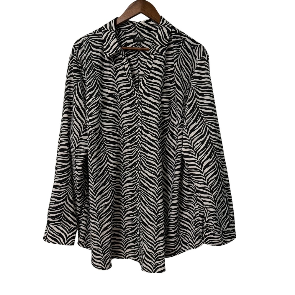 Talbots Button Down Tunic Top Shirt Women 24W Zebra Long Sleeve Pockets Office